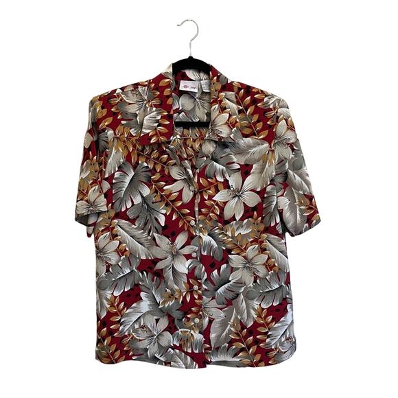 Vintage L Hawaiian button down blouse gray red orange tropical Tan Jay polyester - Picture 1 of 7